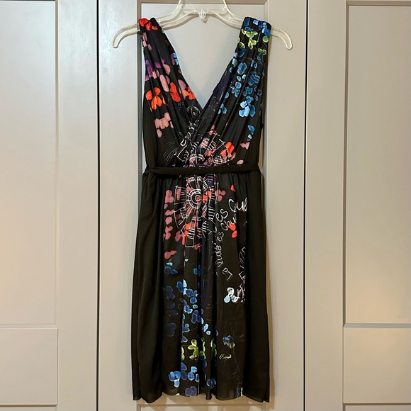 Desigual Faux Wrap Graffiti Mini Dress Mesh Overlay Belt Black Womens Size Large - Picture 2 of 6